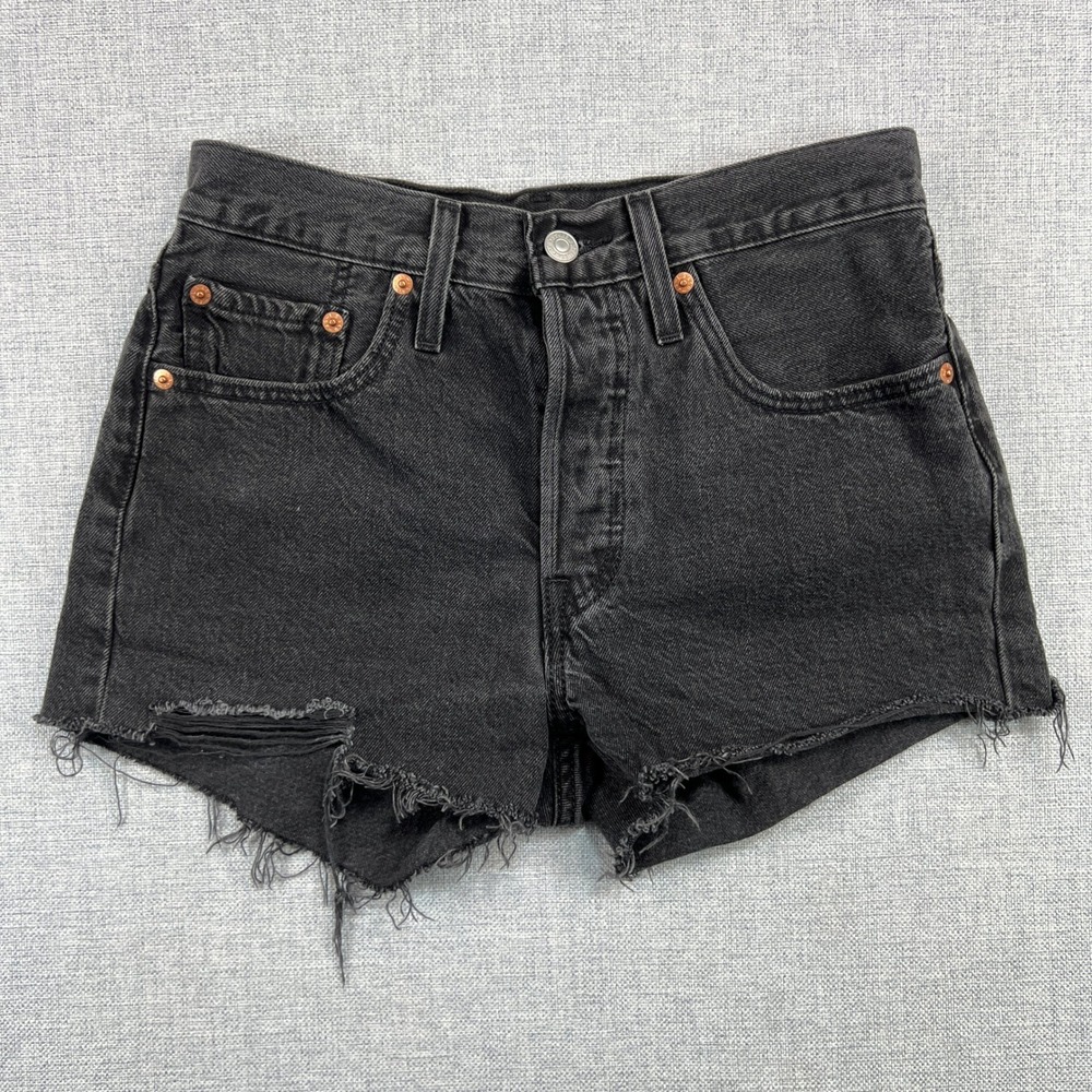Levi's 501 Button Fly Black Denim Cut Off Shorts Women 26 Distressed Boho Grunge